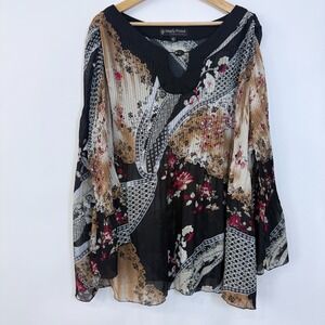 Simply French Sheer Chiffon Tunic Top Size 3X Mixed Print Pleated Flared Sleeves